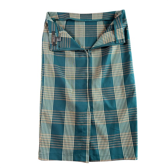 Womens Plaid Pencil Midi Skirt Teal Orange White Size‎ M formal - Picture 2 of 7
